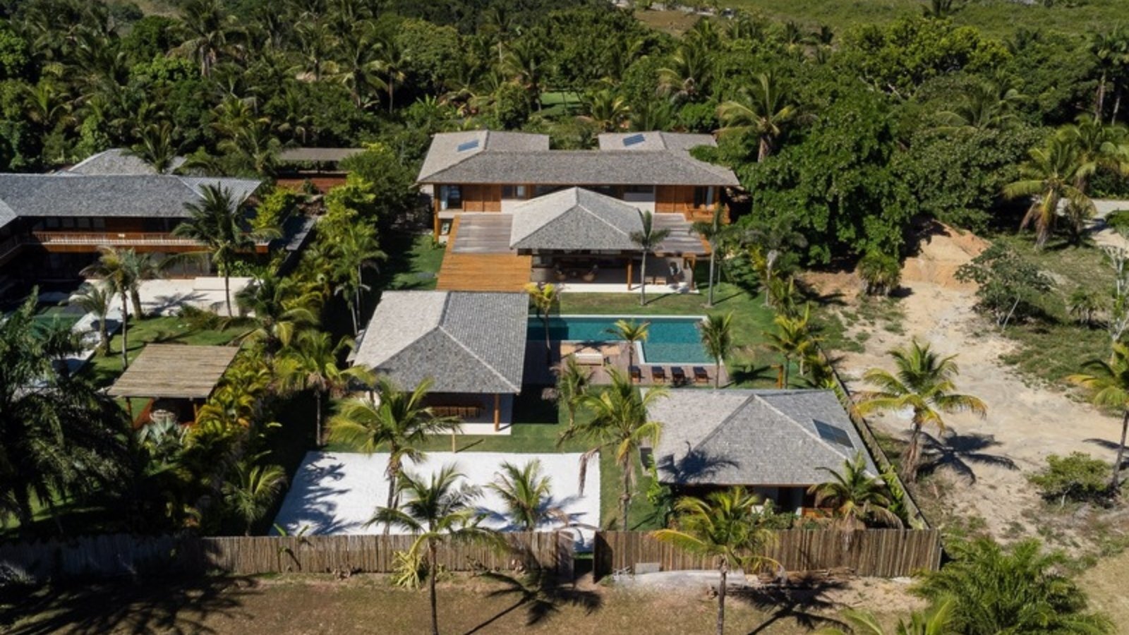Aerial view of a luxury beachfront villa estate near Trancoso, Bahia